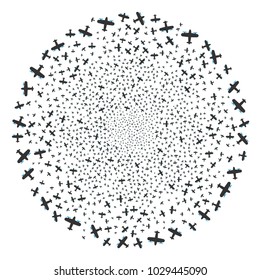 Aircraft burst spheric cluster. Object pattern organized from random aircraft pictograms as exploding round shape. Vector illustration style is flat iconic symbols.