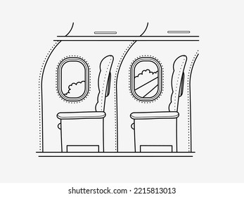 Aircraft business class cabin - seats and windows. Vector line drawing.