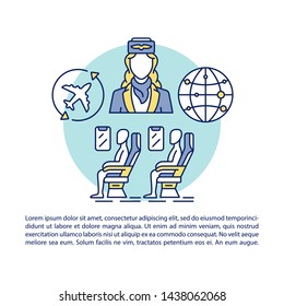 Aircraft cabin article page vector template. Passengers and flight attendant. Brochure, booklet design element with linear icons and text boxes. Print design. Concept illustrations with text space