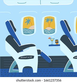 Aircraft cabin with passenger seats. Tropical vacation. Summer travelling comcept. Vector flat cartoon illustration