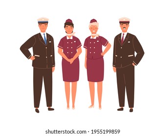 Flugzeugkapitän, Pilotenassistent und Stewardess in Uniform. Professionelles Flugzeugpersonal oder Besatzung. Team lächelnder Flugzeughersteller einzeln auf weißem Hintergrund. Flache Vektorgrafik.