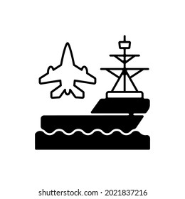 Aircraft Carrier Black Linear Icon. Seagoing Airbase. Place For Aircraft Launching And Landing. Naval Vessel. Warship. Flight Deck. Outline Symbol On White Space. Vector Isolated Illustration