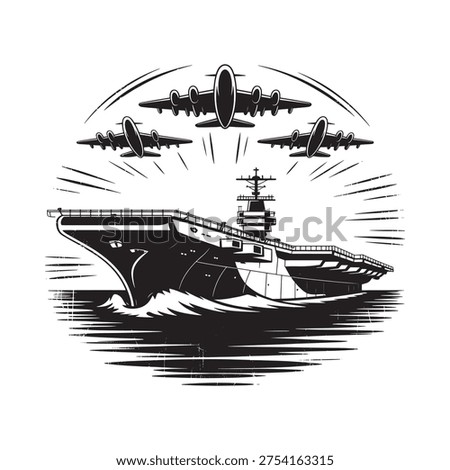 Aircraft carrier with fighter jets in a dynamic stylized illustration