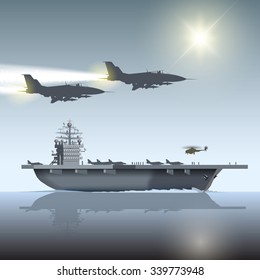 Aircraft Carrier And Flying Aircraft. Vector Illustration