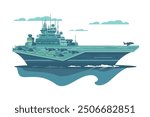 Aircraft carrier with helicopters. Vector illustration of military naval vessel on ocean with helicopters on deck.