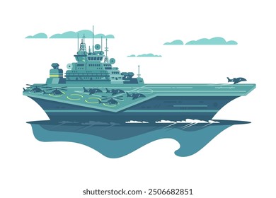 Aircraft carrier with helicopters. Vector illustration of military naval vessel on ocean with helicopters on deck.