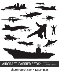 Aircraft Carrier High Detailed Silhouettes Set#2. Vector