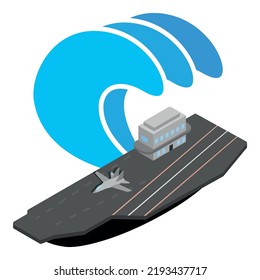 Aircraft Carrier Icon Isometric Vector. Military Ship With Fighter Aircraft Icon. Warship, Navy, Storm Wave, Natural Disaster