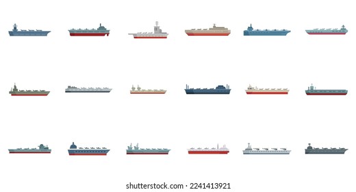 Aircraft carrier icons set flat vector. Army carrier. Air battleship isolated