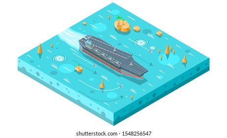 Aircraft Carrier Isometric Ocean Sea Water Boat Air Wave Island Blue Whirlpool Rocks