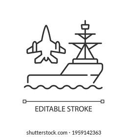 Aircraft Carrier Linear Icon. Seagoing Airbase. Place For Aircraft Launching And Landing. Warship. Thin Line Customizable Illustration. Contour Symbol. Vector Isolated Outline Drawing. Editable Stroke