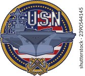 Aircraft carrier on a patrol in the sea and USA flags