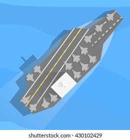 Aircraft Carrier With Planes On Board. Top View, Flat. Vector, Eps10.