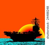Aircraft Carrier Sailing The Ocean With Sunset Behind -Vector-