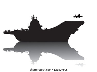 Aircraft Carrier Vector Silhouette With Reflection