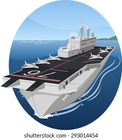 Aircraft carrier war battle warship vector cartoon illustration