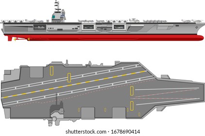 aircraft carrier, warhip, side and top view	