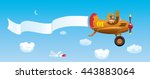 Aircraft in the cartoon style. Plane is flying against the blue sky.
The pilot welcomes us from the airplane's cockpit. White blank banner for your text is tied to the tail unit of the aircraft
