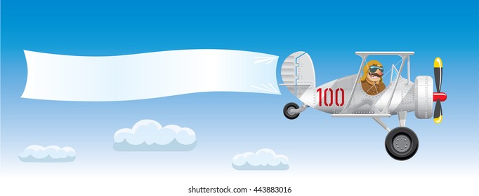 Aircraft in the cartoon style. Plane is flying against the blue sky. White blank banner for your text is tied to the tail unit of the aircraft. Vector illustration