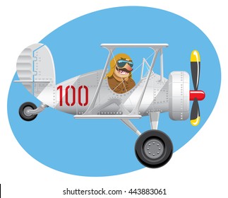 Aircraft in the cartoon style. Plane is flying against the blue sky. Vector illustration