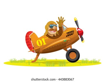 Aircraft in the cartoon style. Plane on the runway. The pilot welcomes us from the airplane's cockpit. Vector illustration