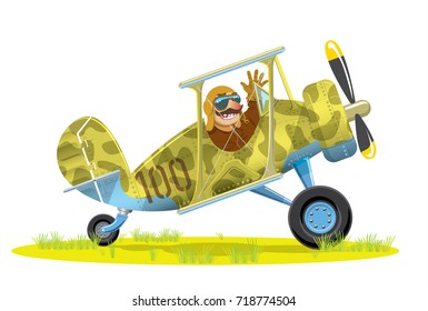 Aircraft in the cartoon style. Plane is staying on the runway. Pilot welcomes us from the airplane's cockpit. Vector illustration