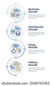 Aircraft categories infographic design template. Business jet, commercial travelling. Data visualization 4 options. Process vertical flow chart