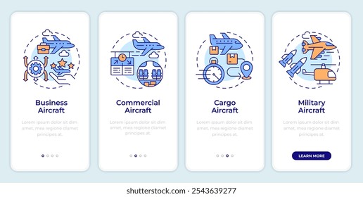 Categorías de aeronaves que incorporan la pantalla del App móvil. Instrucciones gráficas editables de 4 pasos con conceptos lineales. PLANTILLA UI, UX, GUI