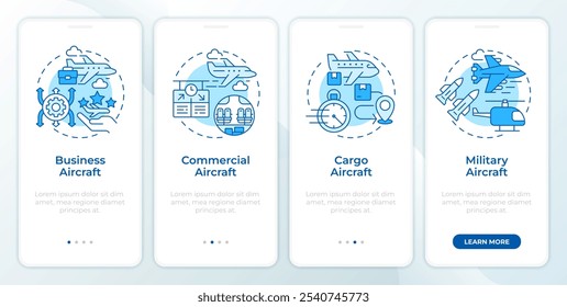 Tipos de categorías de aeronaves pantalla azul del App móvil de embarque. Instrucciones gráficas editables de 4 pasos con conceptos lineales. PLANTILLA UI, UX, GUI