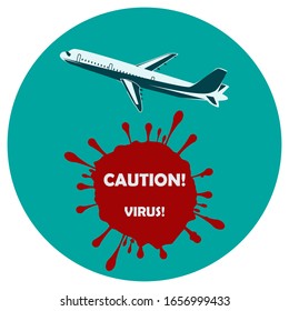 Aircraft - Caution. Virus. - icon isolated on a white background - vector. Warning about the spread of viral infections in public transport. Passenger safety concept.