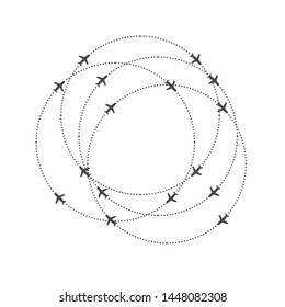 Aircraft Circling On A Circular Trajectory. Airplane And Round Path Direction. Simple Sillhouette Vector Illustration.