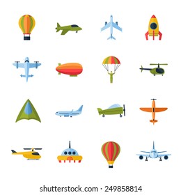 Aircraft civil and army cargo transport flat icons set with helicopter jetliner parachute abstract isolated vector illustration