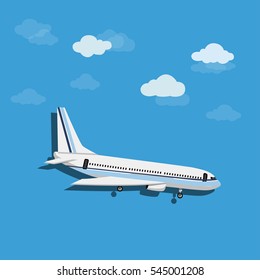 Aircraft with clouds in the blue sky ready to land. Vector illustration.