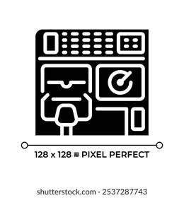 Aircraft cockpit black glyph icons set. Control panel, dashboard. Navigation technology. Airplane control. Silhouette symbol on white space. Solid pictogram. Vector isolated illustration