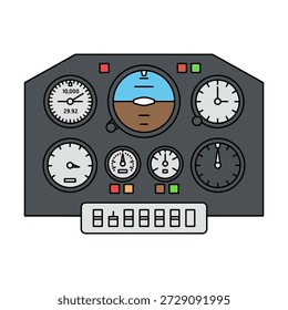 Aircraft cockpit dashboard with flight instruments and gauges illustration