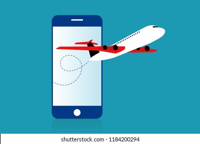 Aircraft coming out from a phone screen. Airline tickets online. Buying, booking online ticket. Travel business flights worldwide. Eps 10 Vector illustration Minimalist white blue red color flat style