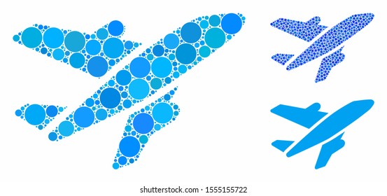 Aircraft composition of circle elements in different sizes and shades, based on aircraft icon. Vector random circles are combined into blue composition.