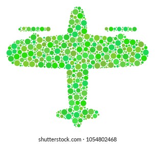 Aircraft composition of filled circles in various sizes and green color tints. Vector round dots are combined into aircraft collage. Freshness design concept.