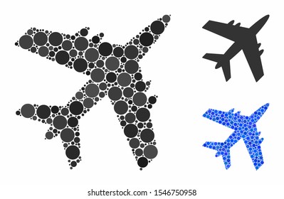 Aircraft composition of filled circles in various sizes and color tones, based on aircraft icon. Vector small circles are grouped into blue composition.