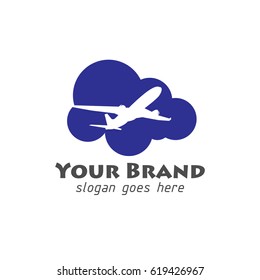 aircraft concept logo with cloud illustration in blue color