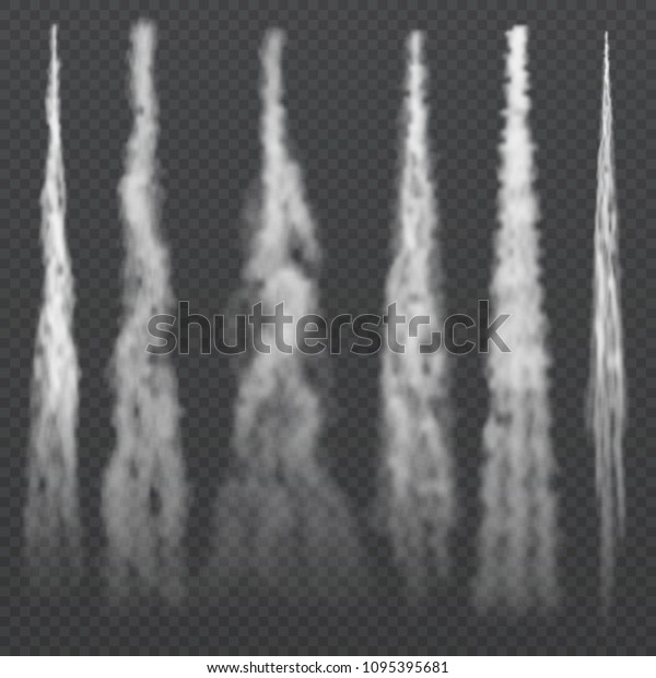 航空機の集光ライトが空に煙のような軌跡を描きます ジェットの煙 霧の多いトレイルプレーン ロケット煙霧効果のベクター画像セット スピード航空機のエフェクトクラウドのイラスト のベクター画像素材 ロイヤリティフリー