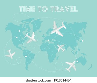 Aircraft connections on world map. Time to travel concept. Vector illustration in flat style