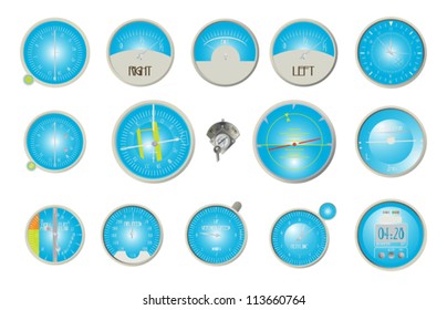 Aircraft dashboard instruments collection over white background