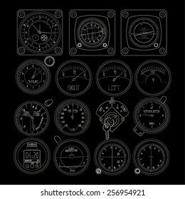 Aircraft dashboard instruments outlined over black background