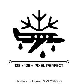 Ícone de glifo preto decadente da aeronave. Avião, floco de neve e gotas. Processo de remoção de gelo e neve da aeronave. Símbolo de silhueta em espaço em branco. Pictograma sólido. Ilustração isolada de vetor