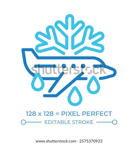 Aircraft deicing two color line icon. Plane, snowflake and drops. Process of removing ice, snow from aircraft. Bicolor outline symbol. Duotone linear pictogram. Isolated illustration. Editable stroke