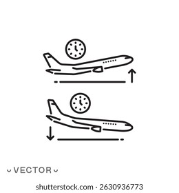 ícone de hora de partida da aeronave, hora de chegada da aeronave, decolagem da aeronave, aterrissagem da aeronave, símbolo de linha fina isolado no fundo branco, traço editável eps 10 ilustração vetorial