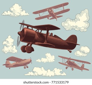 Aircraft. Design set. Hand drawn engraving. Vector vintage illustration. Isolated on light background. 8 EPS