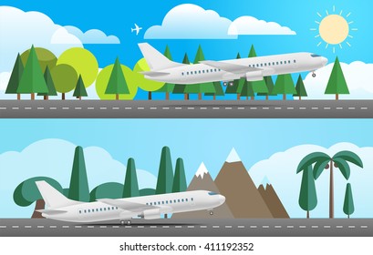 Aircraft in different countries. Flat design illustration