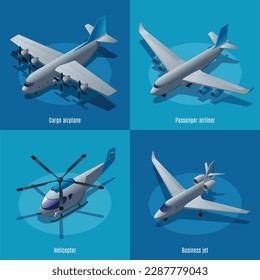 Aircraft different types 2X2, cargo airplane, passenger aircraft, helicopter, business jet, vector illustration isometric icons on isolated background